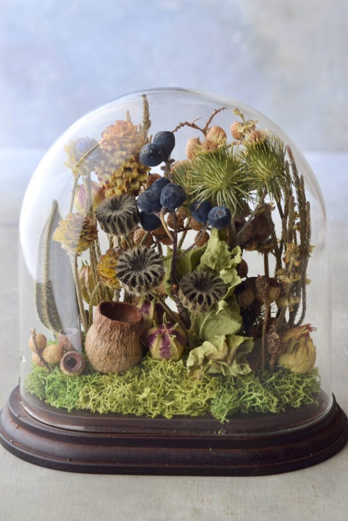 東京の花屋 叢屋Kusamurayaのドライフラワーインテリア雑貨。アンティーク調のドーム型ケースに、植物標本をイメージしてデザインされたドライフラワーインテリア。自宅用やギフト用として人気のアレンジメントです。