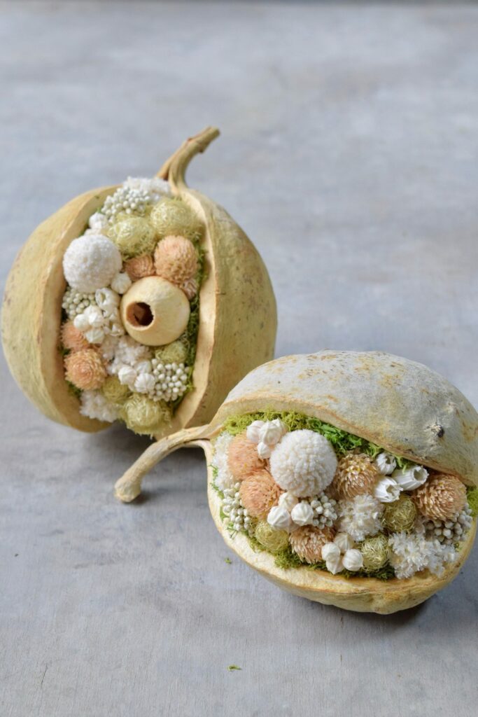 東京の花屋『叢屋kusamuraya』が手がける幸福をもたらすと言われる縁起物のブッダナッツを器にしたドライフラワーアレンジ