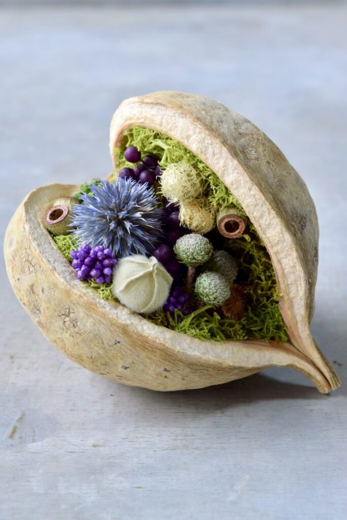 東京の花屋『叢屋kusamuraya』が手がける幸福をもたらすと言われる縁起物のブッダナッツを器にしたドライフラワーアレンジ