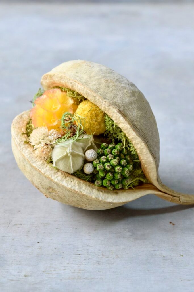 東京の花屋『叢屋kusamuraya』が手がける幸福をもたらすと言われる縁起物のブッダナッツを器にしたドライフラワーアレンジ