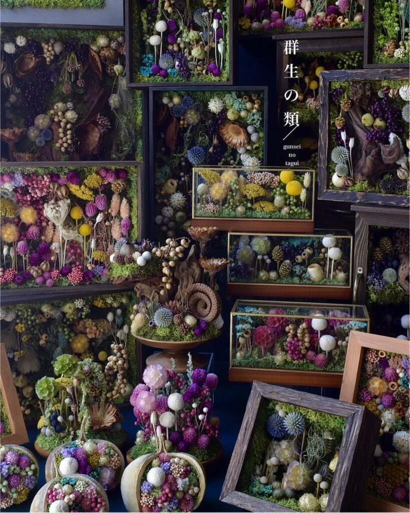 ドライフラワーで植物の群生風景を表現した、植生的な小さな世界を楽しめるボタニカルインテリア『群生の類』。密箱・地帯・庭園・小窓・小鉢・浮島・額縁装花・円蓋装花の8シリーズを展開。お手入れ不要で長く飾れ、ご自宅用はもちろん贈り物にもおすすめです。