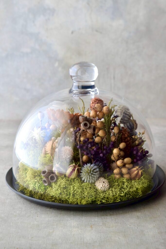 東京の花屋 叢屋Kusamurayaのドライフラワーインテリア雑貨。アンティーク調のドーム型ケースに、植物標本をイメージしてデザインされたドライフラワーインテリア。自宅用やギフト用として人気のアレンジメントです。