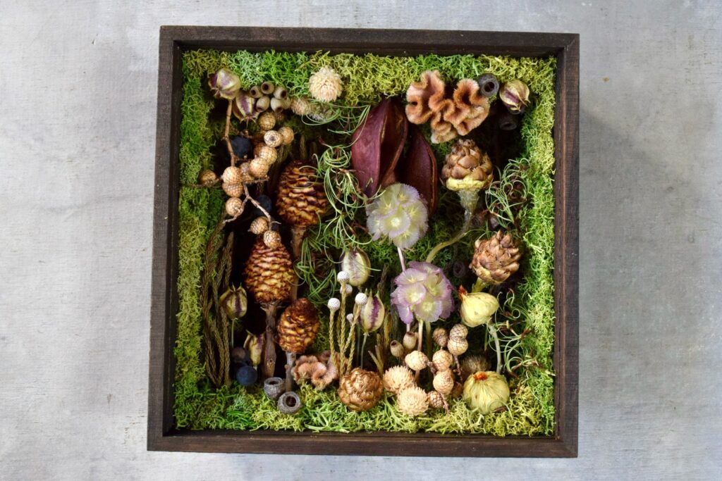 東京の花屋 叢屋Kusamurayaのドライフラワーインテリア雑貨。アンティーク調の木製フレーム(ウッドボックス)を使った、自宅用やギフト用に人気のアレンジメント。