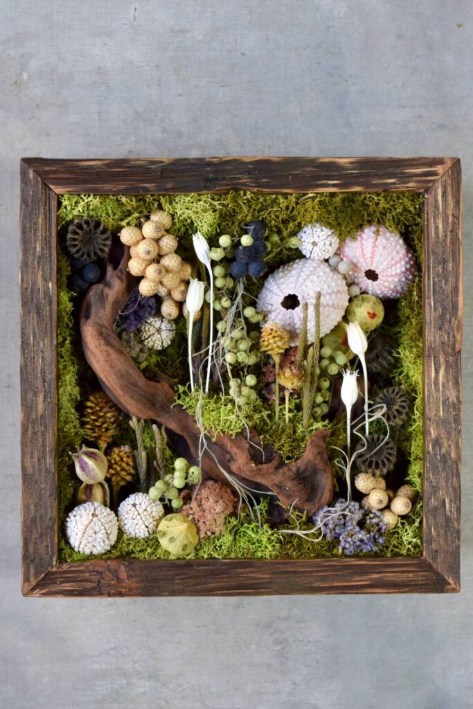 植物が群生して息づくような、不思議で奇妙な世界を閉じ込めた東京の花屋『叢屋kusamuraya』の植物インテリア。壁掛けに出来る立体装飾として楽しめるひと品。
