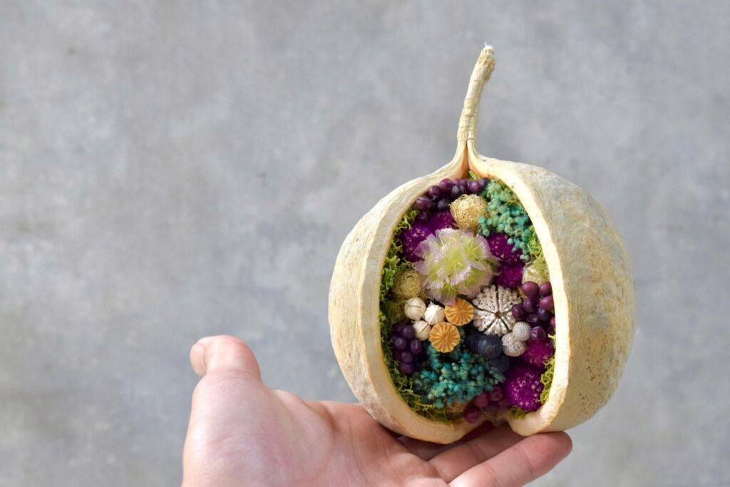 東京の花屋。幸福をもたらすと言われる縁起物のブッダナッツを器にした叢屋Kusamurayaドライフラワーアレンジ
誕生日・記念日ギフトや自宅インテリアにおすすめ。