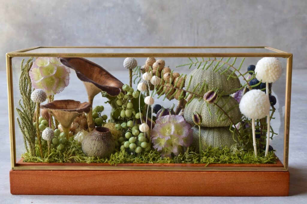 森の奥でひっそりと息づいているような、小さな植物の世界。東京の花屋『叢屋kusamuraya』が手がける、アンティーク調ガラスケースの植物インテリア。