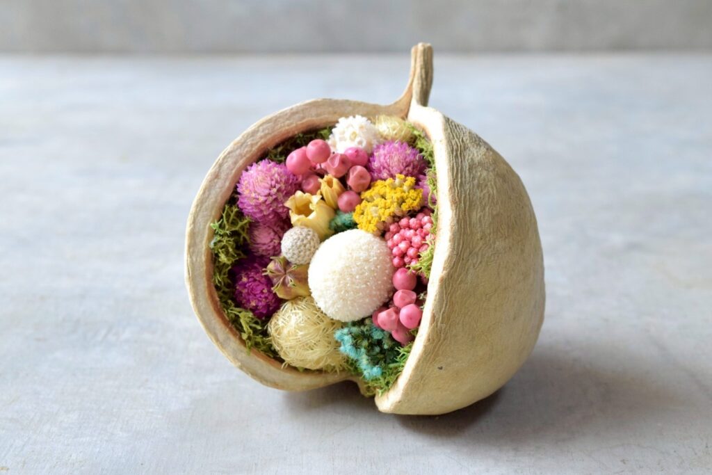 東京の花屋。幸福をもたらすと言われる縁起物のブッダナッツを器にした叢屋Kusamurayaドライフラワーアレンジ
誕生日・記念日ギフトや自宅インテリアにおすすめ。