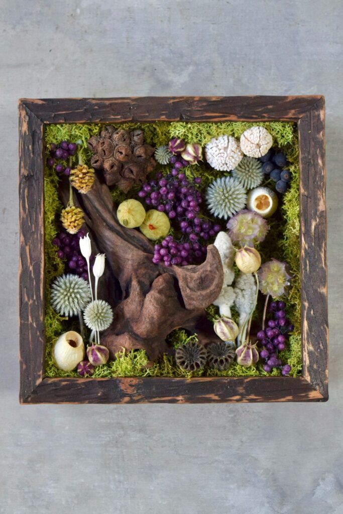 植物が群生して息づくような、不思議で奇妙な世界を閉じ込めた東京の花屋『叢屋kusamuraya』の植物インテリア。壁掛けに出来る立体装飾として楽しめるひと品。
