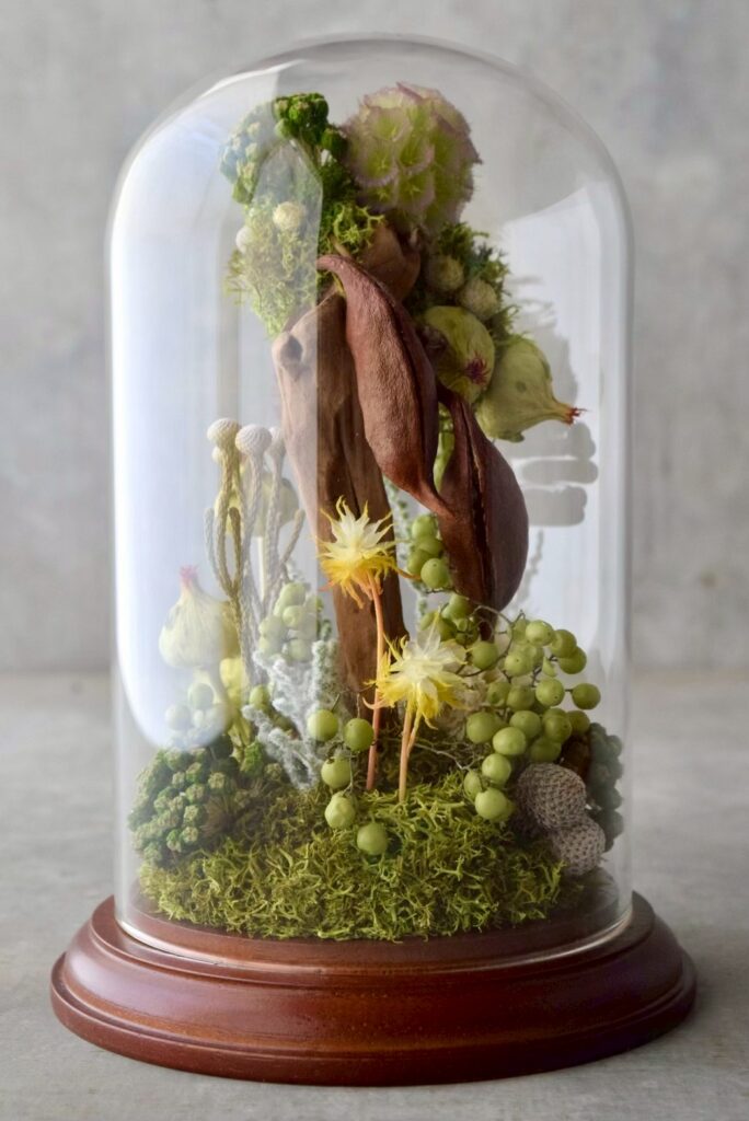 東京の花屋 叢屋Kusamurayaのドライフラワーインテリア雑貨。アンティーク調のドーム型ケースに、植物標本をイメージしてデザインされたドライフラワーインテリア。自宅用やギフト用として人気のアレンジメントです。