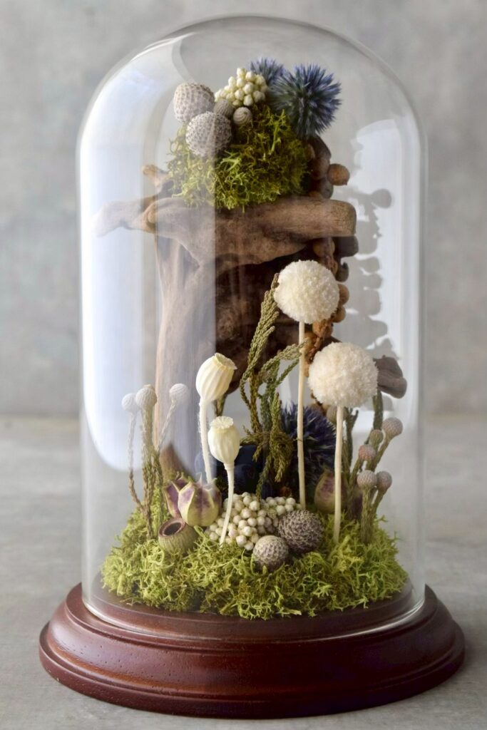 東京の花屋 叢屋Kusamurayaのドライフラワーインテリア雑貨。アンティーク調のドーム型ケースに、植物標本をイメージしてデザインされたドライフラワーインテリア。自宅用やギフト用として人気のアレンジメントです。