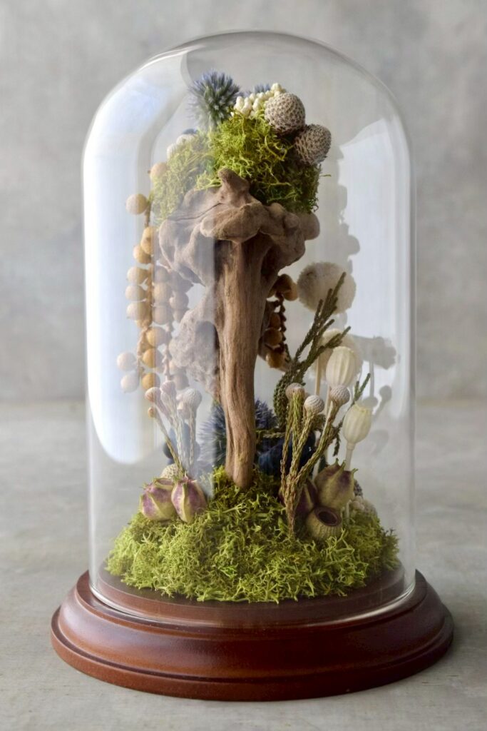 東京の花屋 叢屋Kusamurayaのドライフラワーインテリア雑貨。アンティーク調のドーム型ケースに、植物標本をイメージしてデザインされたドライフラワーインテリア。自宅用やギフト用として人気のアレンジメントです。