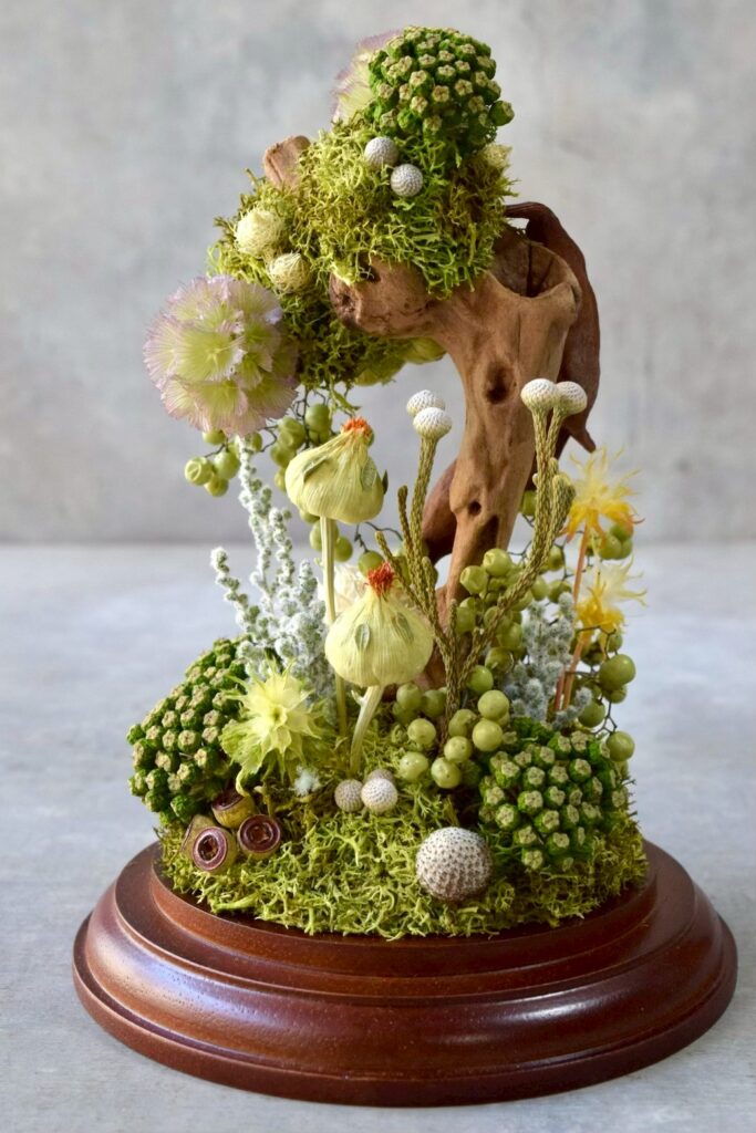 東京の花屋 叢屋Kusamurayaのドライフラワーインテリア雑貨。アンティーク調のドーム型ケースに、植物標本をイメージしてデザインされたドライフラワーインテリア。自宅用やギフト用として人気のアレンジメントです。