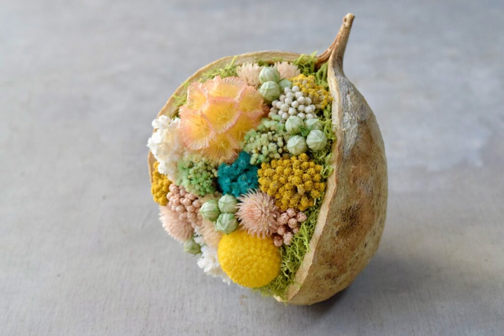 東京の花屋『叢屋kusamuraya』が手がける幸福をもたらすと言われる縁起物のブッダナッツを器にしたドライフラワーアレンジ