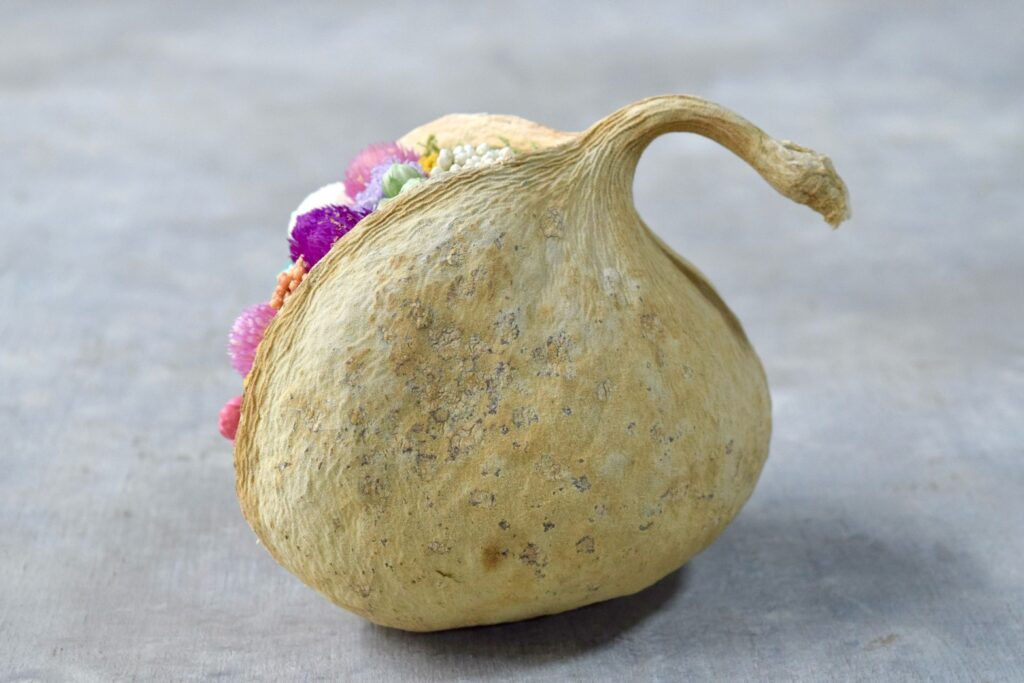 東京の花屋。幸福をもたらすと言われる縁起物のブッダナッツを器にした叢屋Kusamurayaドライフラワーアレンジ 誕生日・記念日ギフトや自宅インテリアにおすすめ。