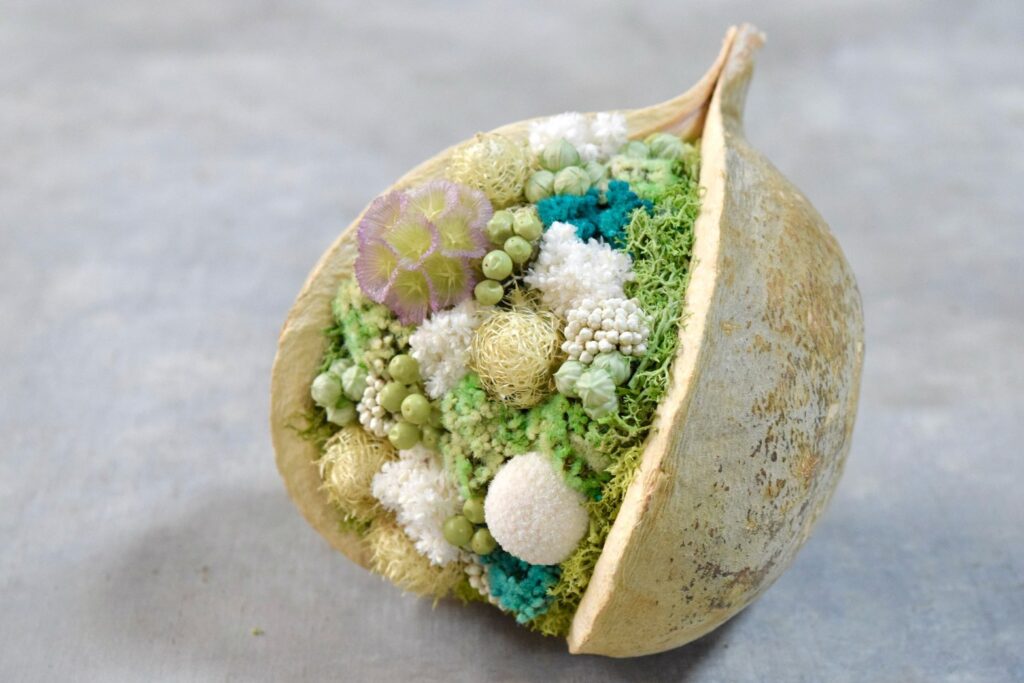 東京の花屋『叢屋kusamuraya』が手がける幸福をもたらすと言われる縁起物のブッダナッツを器にしたドライフラワーアレンジ