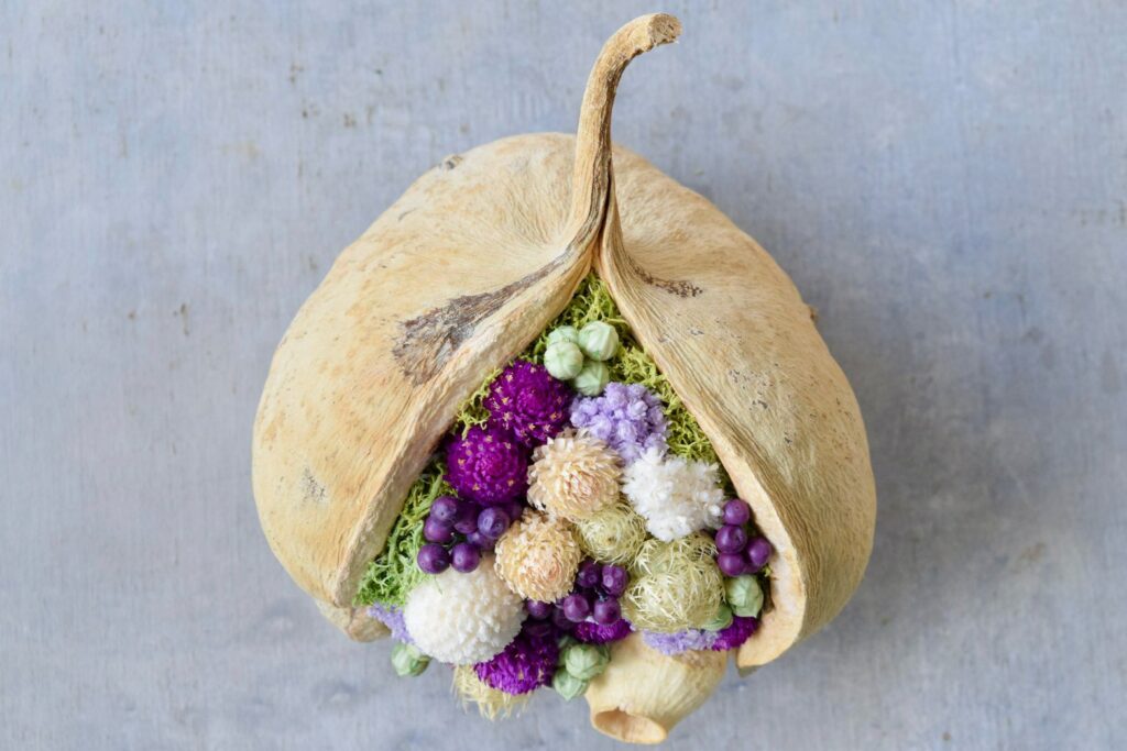 東京の花屋。幸福をもたらすと言われる縁起物のブッダナッツを器にした叢屋Kusamurayaドライフラワーアレンジ 誕生日・記念日ギフトや自宅インテリアにおすすめ。