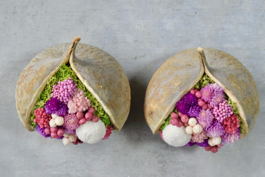 東京の花屋『叢屋kusamuraya』が手がける幸福をもたらすと言われる縁起物のブッダナッツを器にしたドライフラワーアレンジ