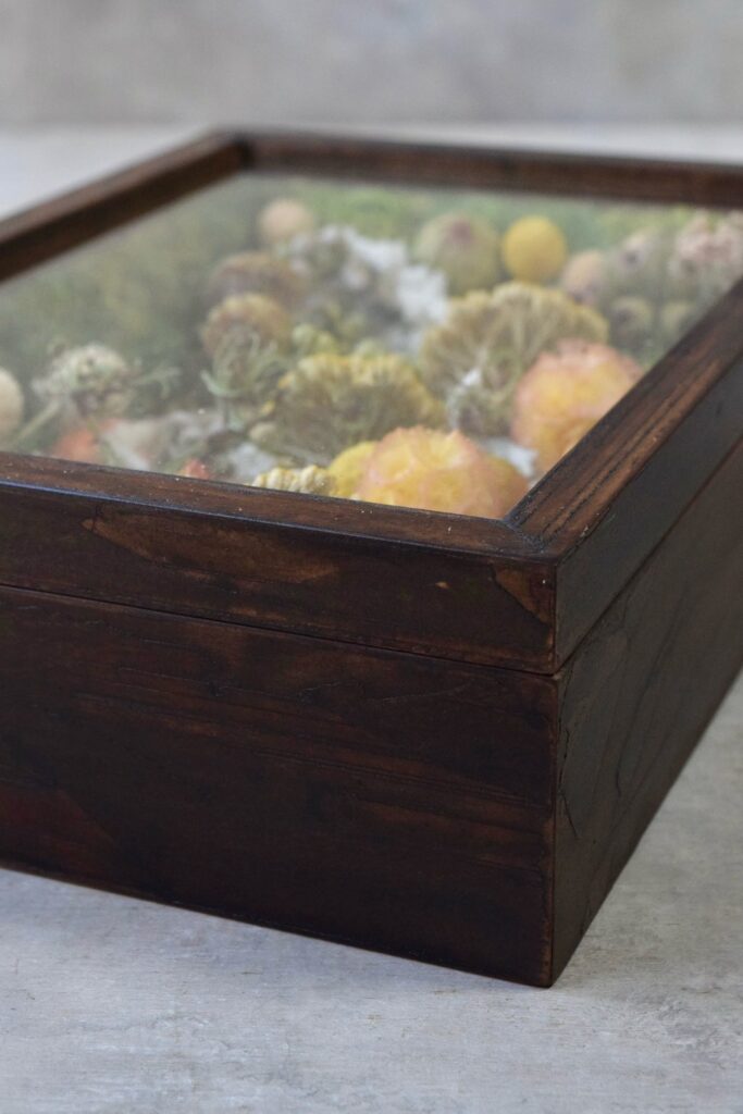 東京の花屋 叢屋Kusamurayaのドライフラワーインテリア雑貨。アンティーク調の木製フレーム(ウッドボックス)を使った、自宅用やギフト用に人気のアレンジメント。