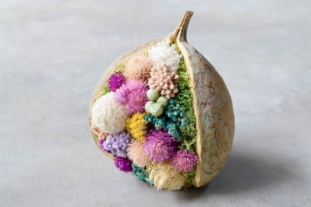 東京の花屋『叢屋kusamuraya』が手がける幸福をもたらすと言われる縁起物のブッダナッツを器にしたドライフラワーアレンジ