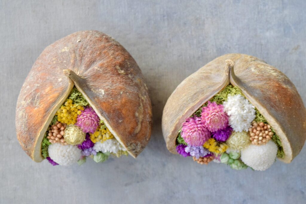 東京の花屋『叢屋kusamuraya』が手がける幸福をもたらすと言われる縁起物のブッダナッツを器にしたドライフラワーアレンジ。誕生日・記念日ギフトや自宅インテリアにおすすめです。
