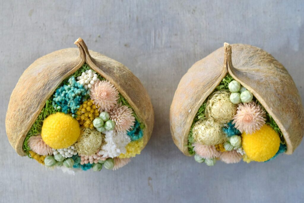 東京の花屋『叢屋kusamuraya』が手がける幸福をもたらすと言われる縁起物のブッダナッツを器にしたドライフラワーアレンジ