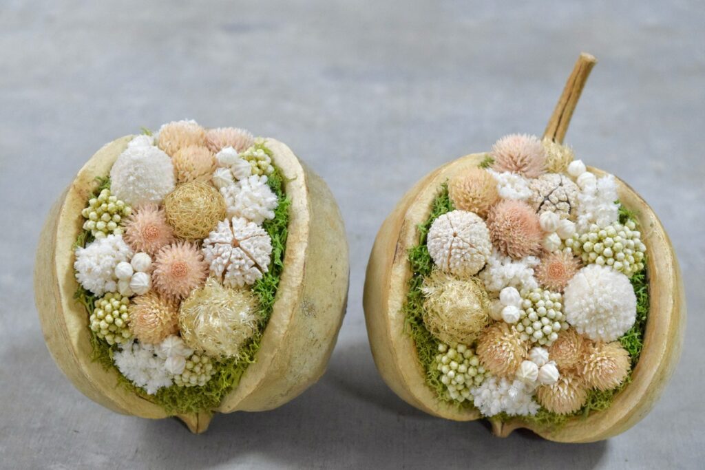 東京の花屋『叢屋kusamuraya』が手がける幸福をもたらすと言われる縁起物のブッダナッツを器にしたドライフラワーアレンジ