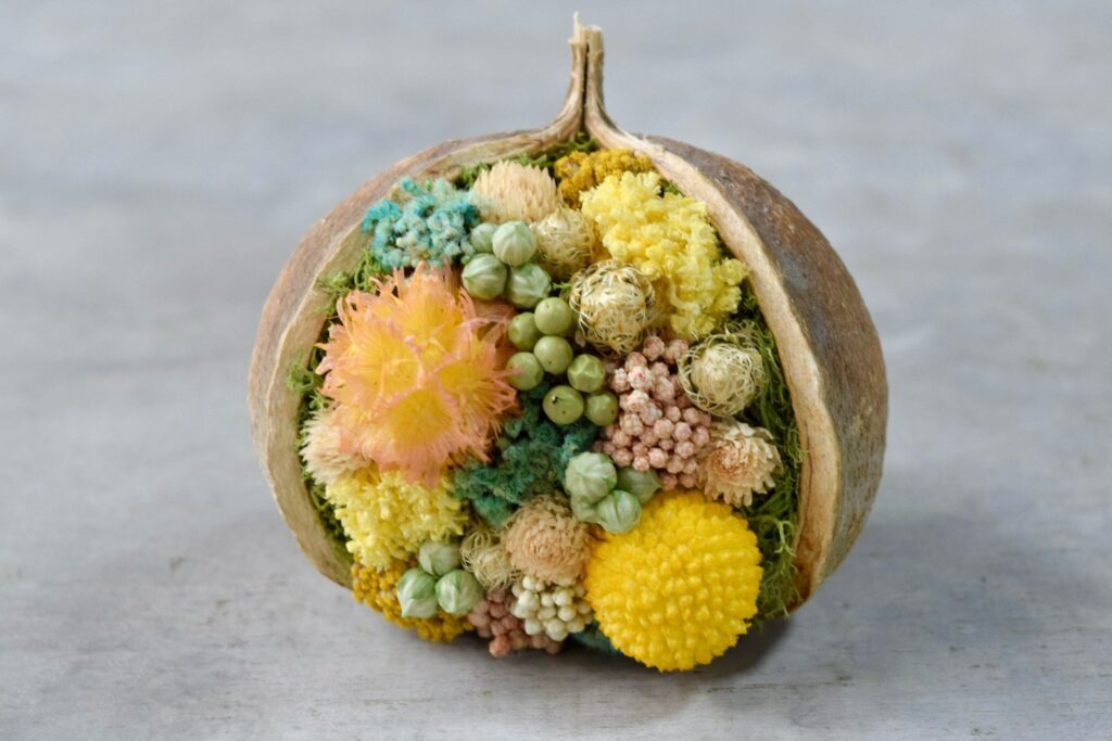 東京の花屋。幸福をもたらすと言われる縁起物のブッダナッツを器にした叢屋Kusamurayaドライフラワーアレンジ 誕生日・記念日ギフトや自宅インテリアにおすすめ。