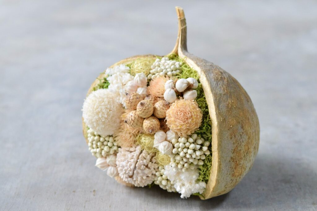 東京の花屋『叢屋kusamuraya』が手がける幸福をもたらすと言われる縁起物のブッダナッツを器にしたドライフラワーアレンジ