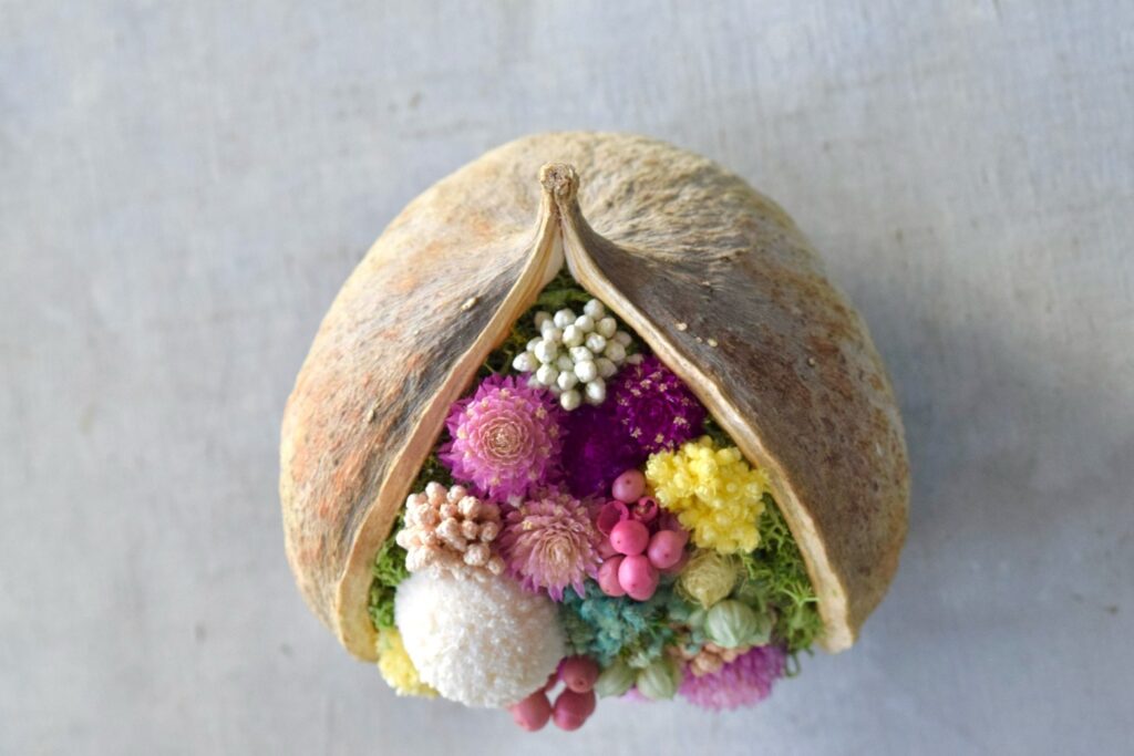 東京の花屋。幸福をもたらすと言われる縁起物のブッダナッツを器にした叢屋Kusamurayaドライフラワーアレンジ 誕生日・記念日ギフトや自宅インテリアにおすすめ。