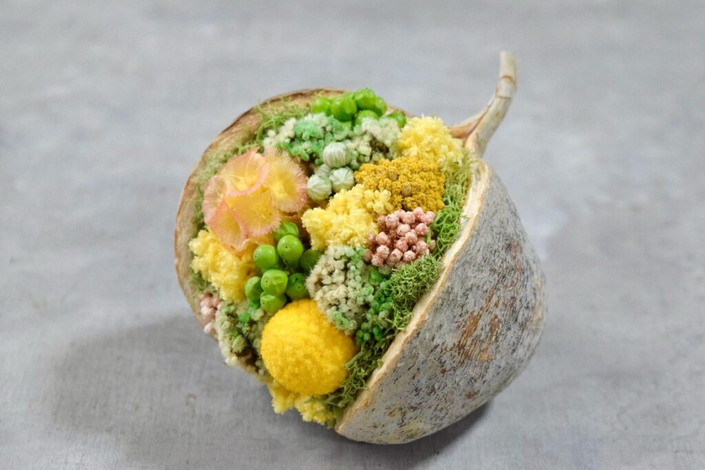 東京の花屋『叢屋kusamuraya』が手がける幸福をもたらすと言われる縁起物のブッダナッツを器にしたドライフラワーアレンジ。誕生日・記念日ギフトや自宅インテリアにおすすめです。
