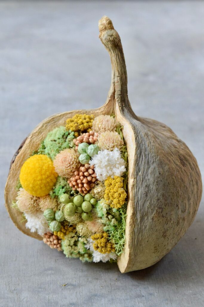 東京の花屋。幸福をもたらすと言われる縁起物のブッダナッツを器にした叢屋Kusamurayaドライフラワーアレンジ 誕生日・記念日ギフトや自宅インテリアにおすすめ。