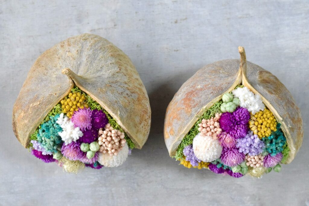 東京の花屋。幸福をもたらすと言われる縁起物のブッダナッツを器にした叢屋Kusamurayaドライフラワーアレンジ 誕生日・記念日ギフトや自宅インテリアにおすすめ。