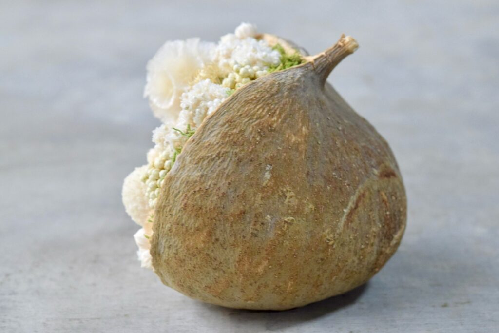 東京の花屋。幸福をもたらすと言われる縁起物のブッダナッツを器にした叢屋Kusamurayaドライフラワーアレンジ 誕生日・記念日ギフトや自宅インテリアにおすすめ。