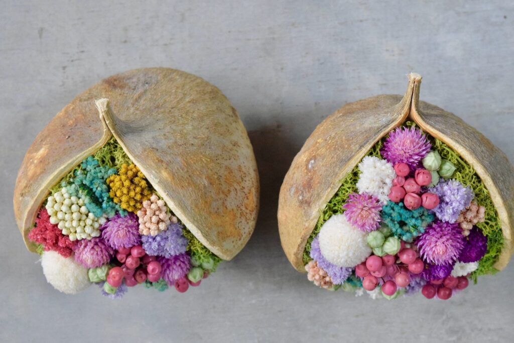 東京の花屋『叢屋kusamuraya』が手がける幸福をもたらすと言われる縁起物のブッダナッツを器にしたドライフラワーアレンジ。誕生日・記念日ギフトや自宅インテリアにおすすめです。