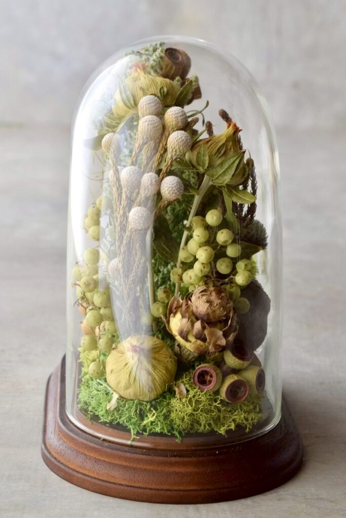 東京の花屋 叢屋Kusamurayaのドライフラワーインテリア雑貨。アンティーク調のドーム型ケースに、植物標本をイメージしてデザインされたドライフラワーインテリア。自宅用やギフト用として人気のアレンジメントです。