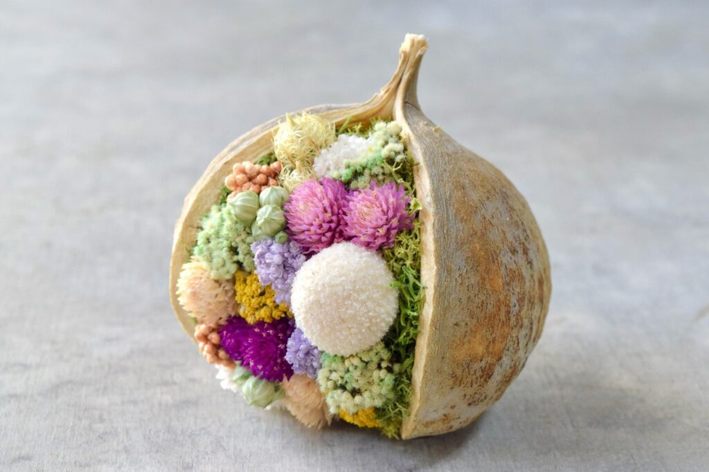 東京の花屋『叢屋kusamuraya』が手がける幸福をもたらすと言われる縁起物のブッダナッツを器にしたドライフラワーアレンジ。誕生日・記念日ギフトや自宅インテリアにおすすめです。
