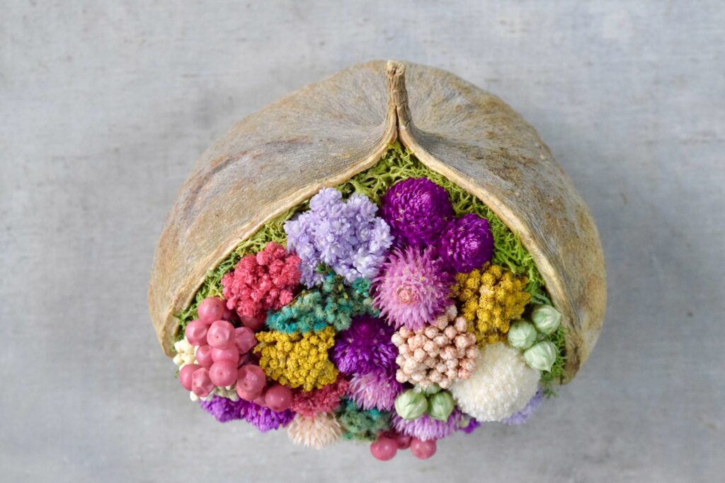 東京の花屋。幸福をもたらすと言われる縁起物のブッダナッツを器にした叢屋Kusamurayaドライフラワーアレンジ 誕生日・記念日ギフトや自宅インテリアにおすすめ。