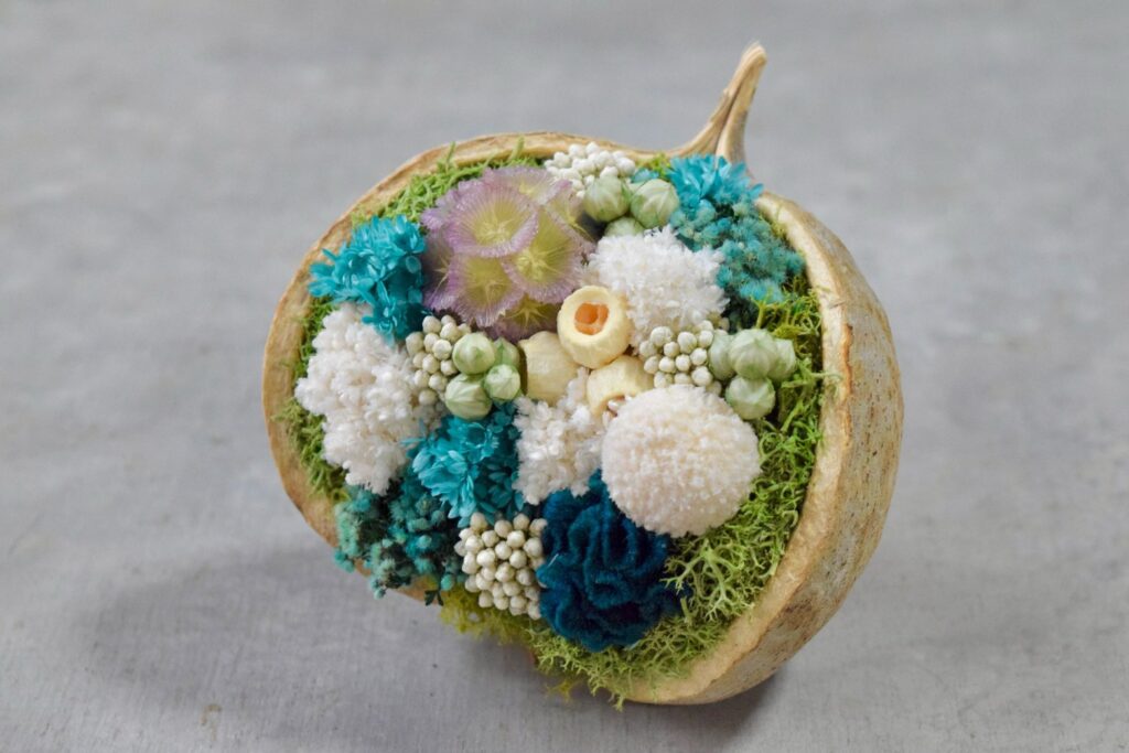 東京の花屋『叢屋kusamuraya』が手がける幸福をもたらすと言われる縁起物のブッダナッツを器にしたドライフラワーアレンジ