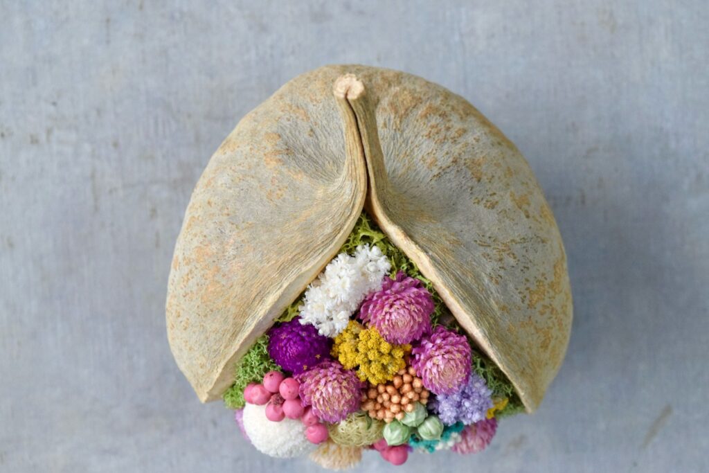 東京の花屋。幸福をもたらすと言われる縁起物のブッダナッツを器にした叢屋Kusamurayaドライフラワーアレンジ 誕生日・記念日ギフトや自宅インテリアにおすすめ。