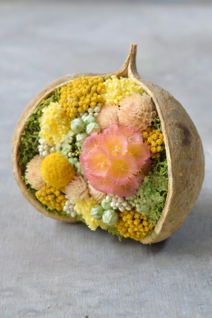 東京の花屋。幸福をもたらすと言われる縁起物のブッダナッツを器にした叢屋Kusamurayaドライフラワーアレンジ 誕生日・記念日ギフトや自宅インテリアにおすすめ。