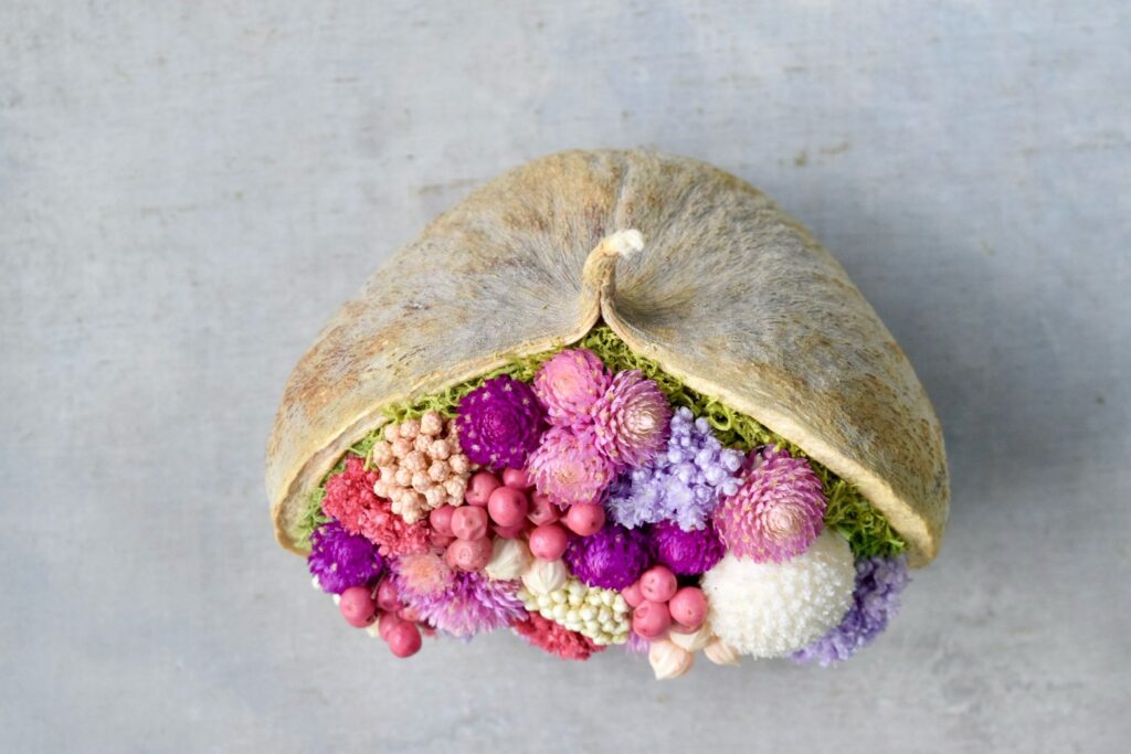 東京の花屋。幸福をもたらすと言われる縁起物のブッダナッツを器にした叢屋Kusamurayaドライフラワーアレンジ 誕生日・記念日ギフトや自宅インテリアにおすすめ。