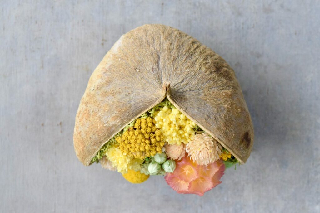 東京の花屋。幸福をもたらすと言われる縁起物のブッダナッツを器にした叢屋Kusamurayaドライフラワーアレンジ 誕生日・記念日ギフトや自宅インテリアにおすすめ。