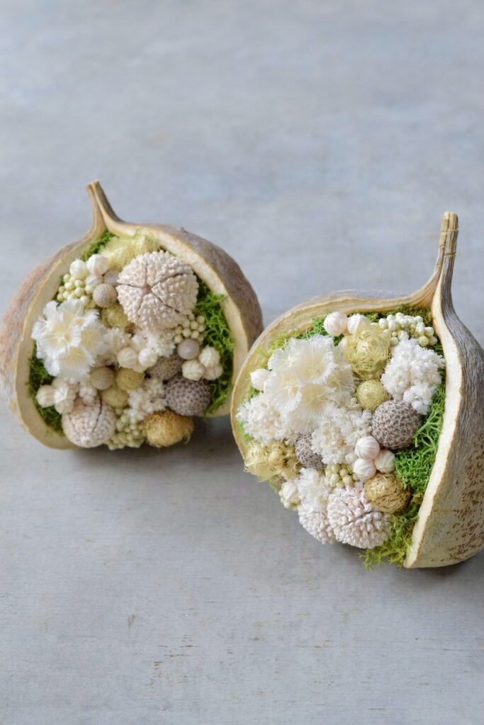 東京の花屋。幸福をもたらすと言われる縁起物のブッダナッツを器にした叢屋Kusamurayaドライフラワーアレンジ 誕生日・記念日ギフトや自宅インテリアにおすすめ。