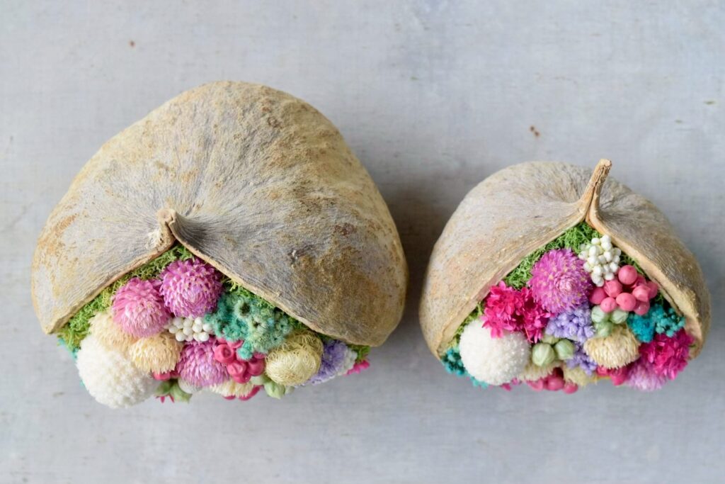 東京の花屋『叢屋kusamuraya』が手がける幸福をもたらすと言われる縁起物のブッダナッツを器にしたドライフラワーアレンジ。誕生日・記念日ギフトや自宅インテリアにおすすめです。