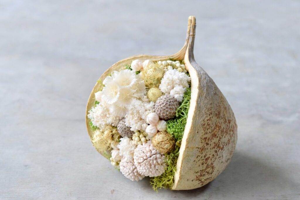 東京の花屋。幸福をもたらすと言われる縁起物のブッダナッツを器にした叢屋Kusamurayaドライフラワーアレンジ 誕生日・記念日ギフトや自宅インテリアにおすすめ。