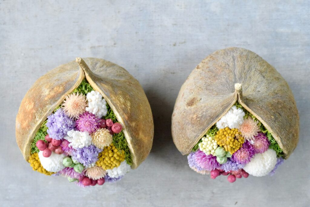 東京の花屋。幸福をもたらすと言われる縁起物のブッダナッツを器にした叢屋Kusamurayaドライフラワーアレンジ 誕生日・記念日ギフトや自宅インテリアにおすすめ。