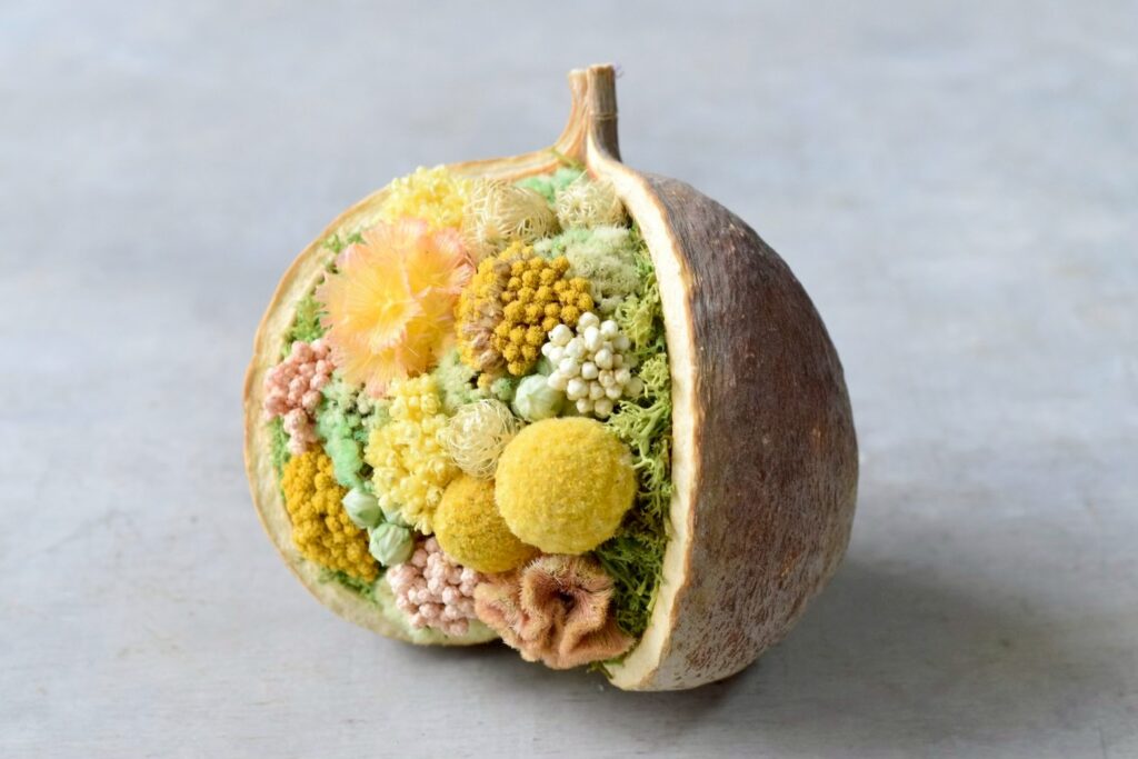 東京の花屋。幸福をもたらすと言われる縁起物のブッダナッツを器にした叢屋Kusamurayaドライフラワーアレンジ 誕生日・記念日ギフトや自宅インテリアにおすすめ。