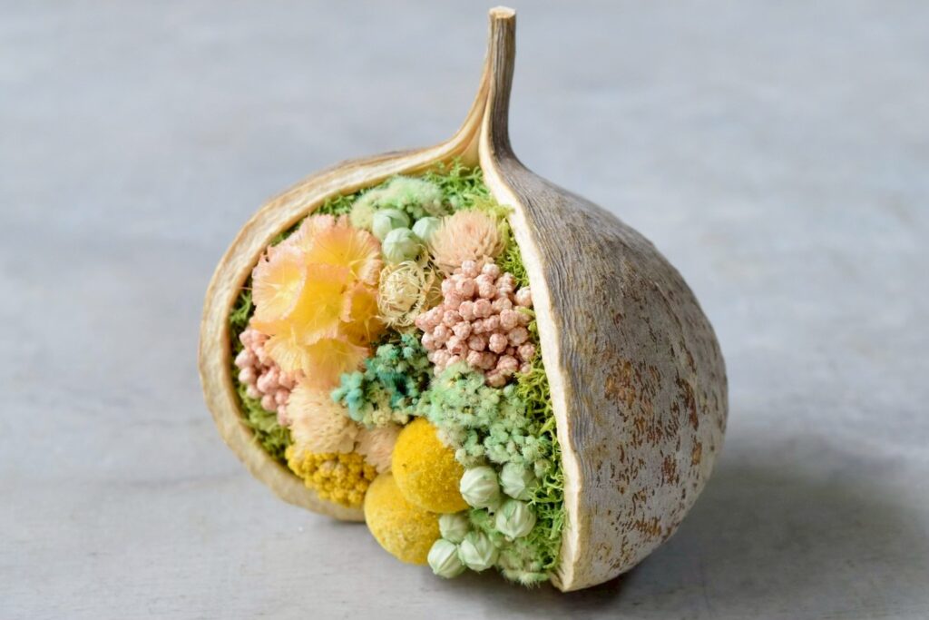 東京の花屋。幸福をもたらすと言われる縁起物のブッダナッツを器にした叢屋Kusamurayaドライフラワーアレンジ 誕生日・記念日ギフトや自宅インテリアにおすすめ。