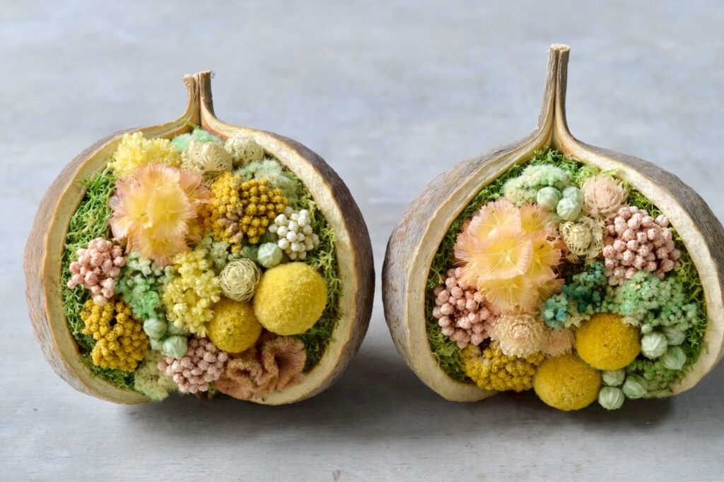 東京の花屋。幸福をもたらすと言われる縁起物のブッダナッツを器にした叢屋Kusamurayaドライフラワーアレンジ 誕生日・記念日ギフトや自宅インテリアにおすすめ。