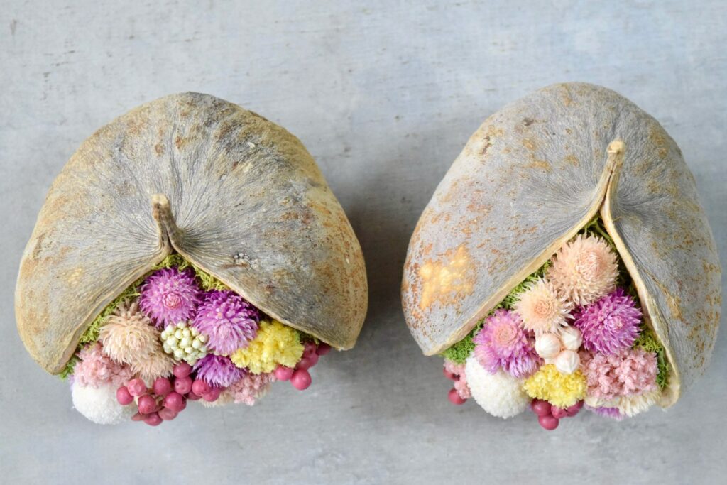 東京の花屋。幸福をもたらすと言われる縁起物のブッダナッツを器にした叢屋Kusamurayaドライフラワーアレンジ 誕生日・記念日ギフトや自宅インテリアにおすすめ。